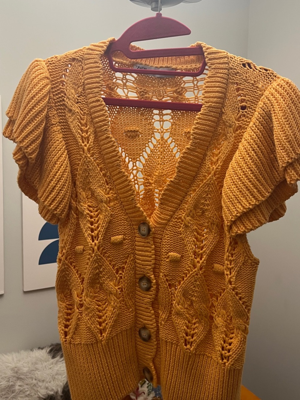 Zara light orange  Open-Knit Short Sleeve cotton Cardigan - Picture 5 of 12